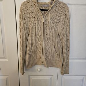Liz Claiborne Vintage Women's Beige Cable Knit Cardigan With Hood